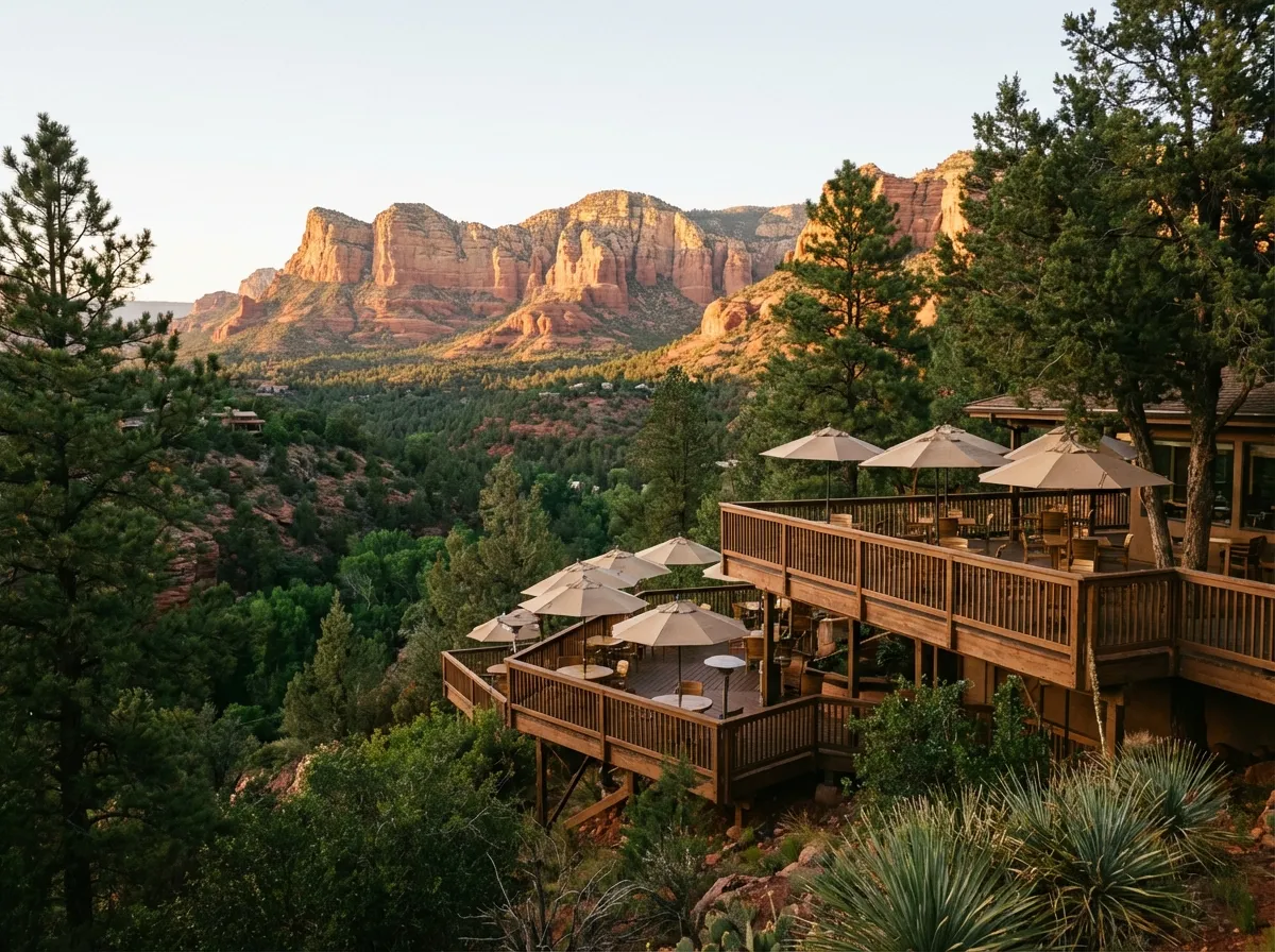 Multi-level outdoor deck with red rock views at Hideaway House Sedona